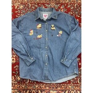 Keren Hart Womens Large button up  embroidered Denim shirt Kittens Cats